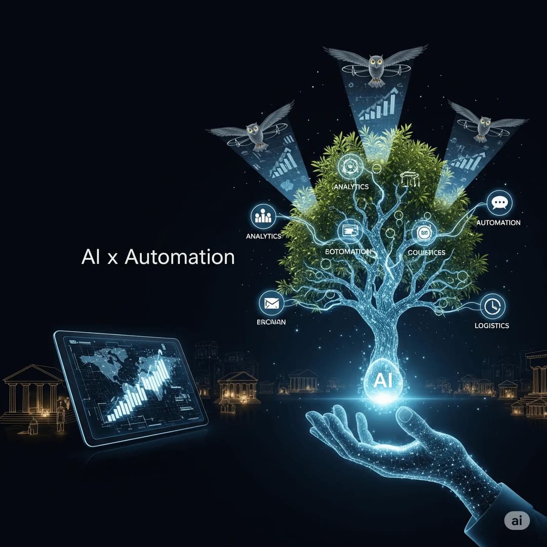 Futuristic olive tree growing from a digital seed in a holographic hand, with AI-powered owl drones symbolizing Athena's wisdom, representing how SMEs can use AI to grow smarter and more efficiently in 2025