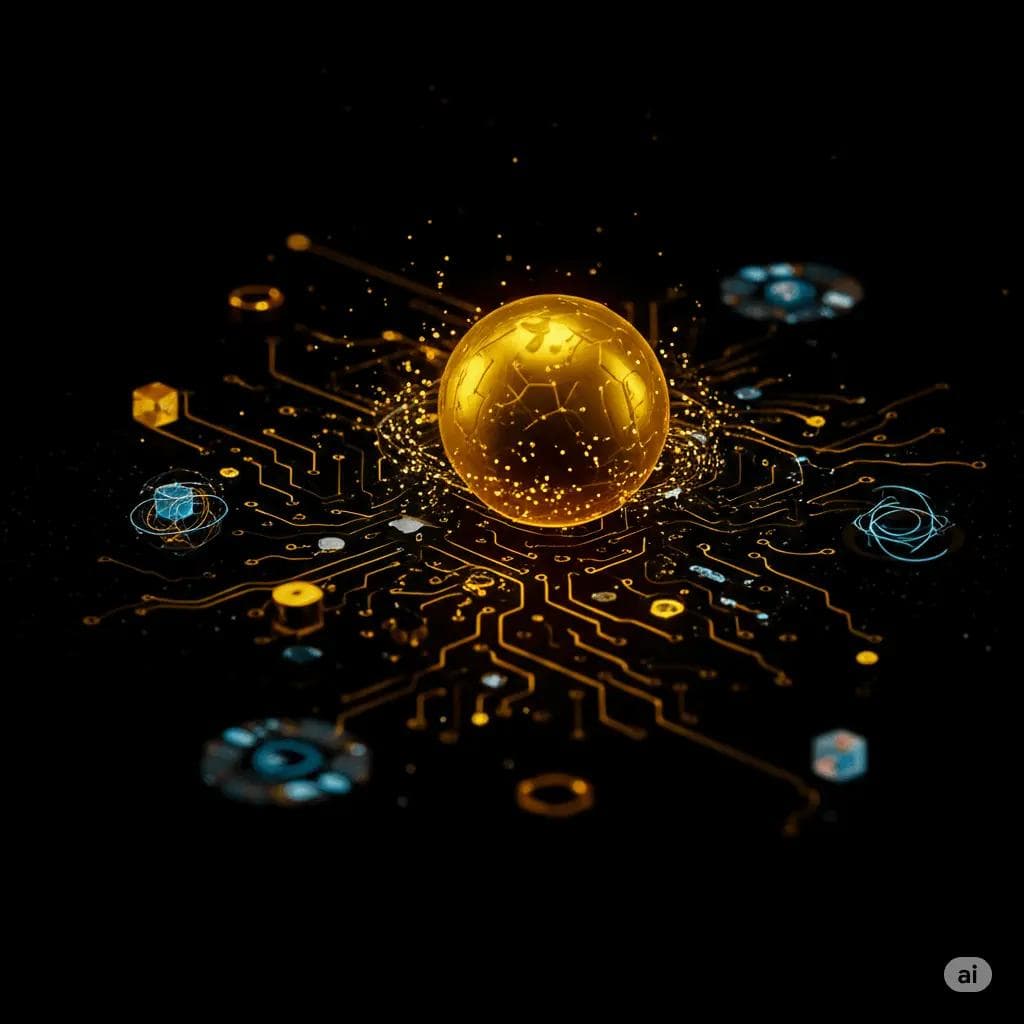 Glowing golden sphere at the center of a black void, connected by luminous threads to rotating geometric shapes. Faint hints of ancient coins and code in the background. Transparent AI silhouettes subtly present. "Autonomous" text on the left. Mysterious, high-tech, and conceptual.